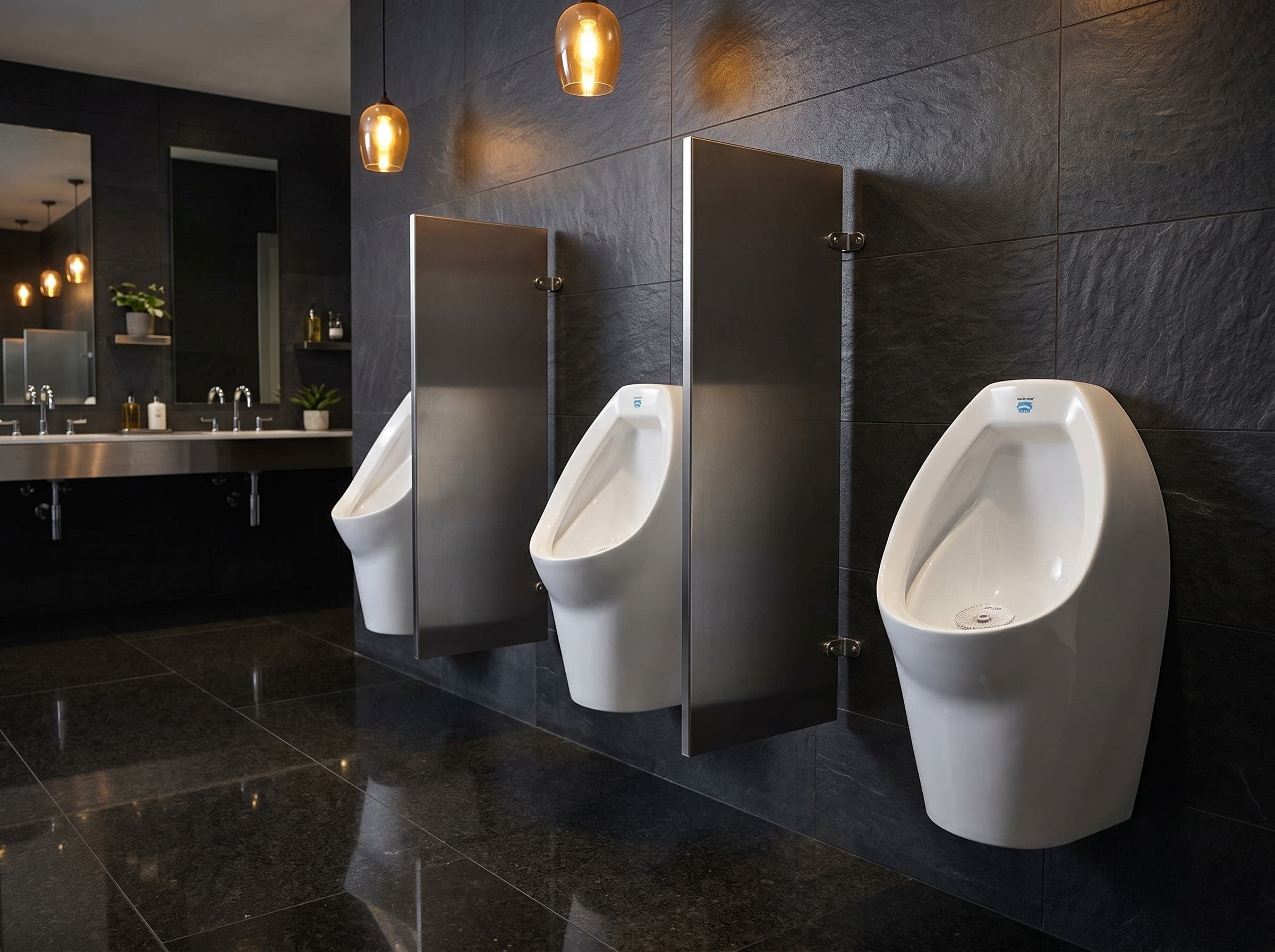 Falcon Waterfree urinals in an upmarket shopping-mall restroom — water-saving technology by The Good Earth